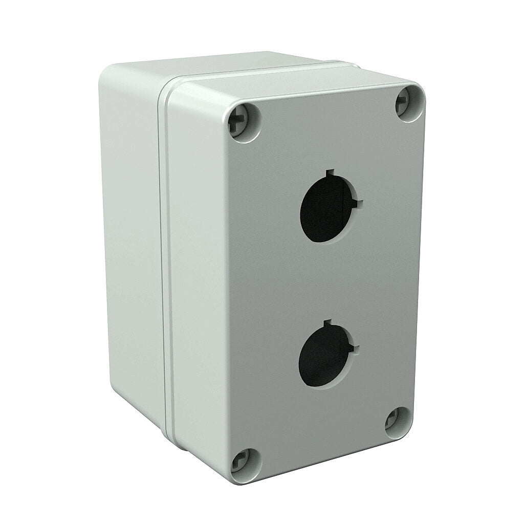AttaBox Commander series pushbutton enclosure, 2 holes, 22mm, NEMA 1/3R/4X/6P/12, 5 x 3 x 3in (HxWxD), wall mount, polycarbonate, light gray, gloss finish, screw cover.-COPC2PB22