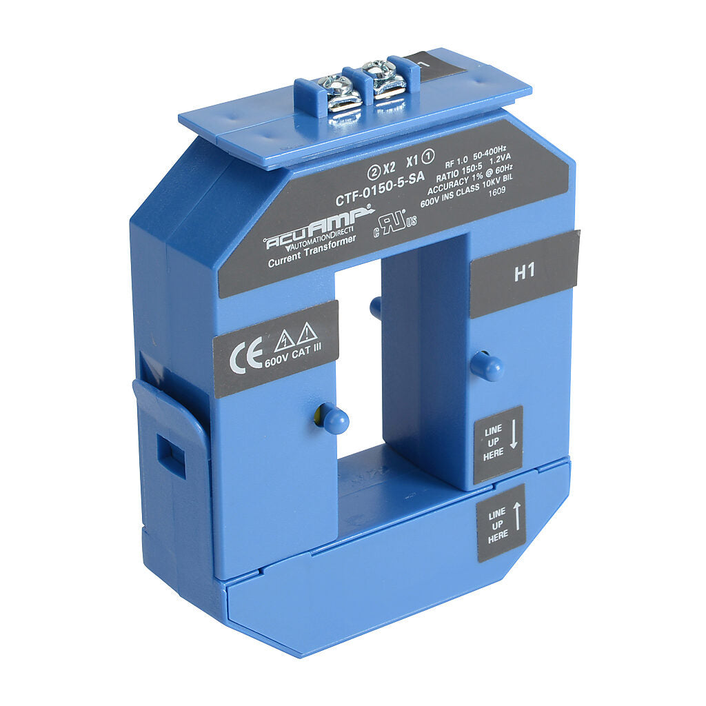 AcuAMP AC current transformer, split core, 150A primary, 5A secondary, 1.19 x 2.22in sensing window, 1.5% accuracy, screw terminal.-CTF-0150-5-SA