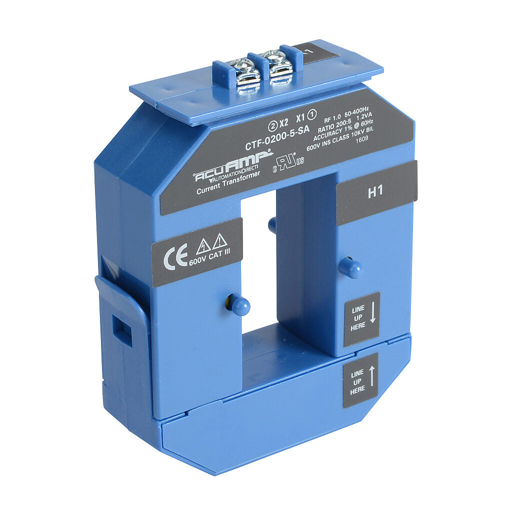 AcuAMP AC current transformer, split core, 200A primary, 5A secondary, 1.19 x 2.22in sensing window, 1% accuracy, screw terminal.-CTF-0200-5-SA