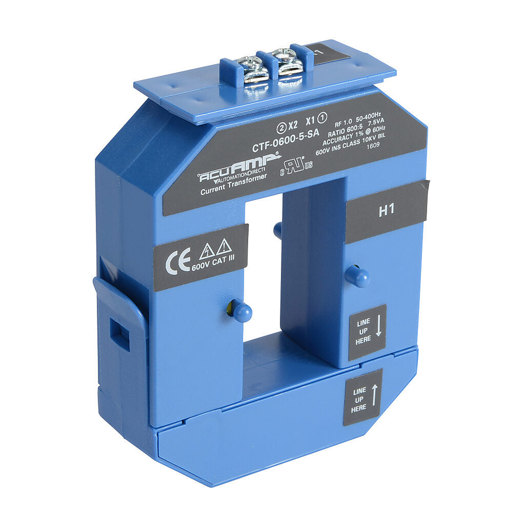 AcuAMP AC current transformer, split core, 600A primary, 5A secondary, 1.19 x 2.22in sensing window, 1% accuracy, screw terminal.-CTF-0600-5-SA