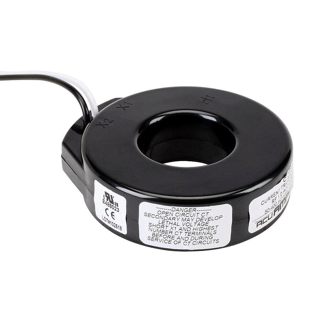 AcuAMP AC current transformer, solid core, 50A primary, 5A secondary, 1.56in diameter sensing window, 2% accuracy, (2) 24in 16AWG lead wires.-CTF-5RL-0050