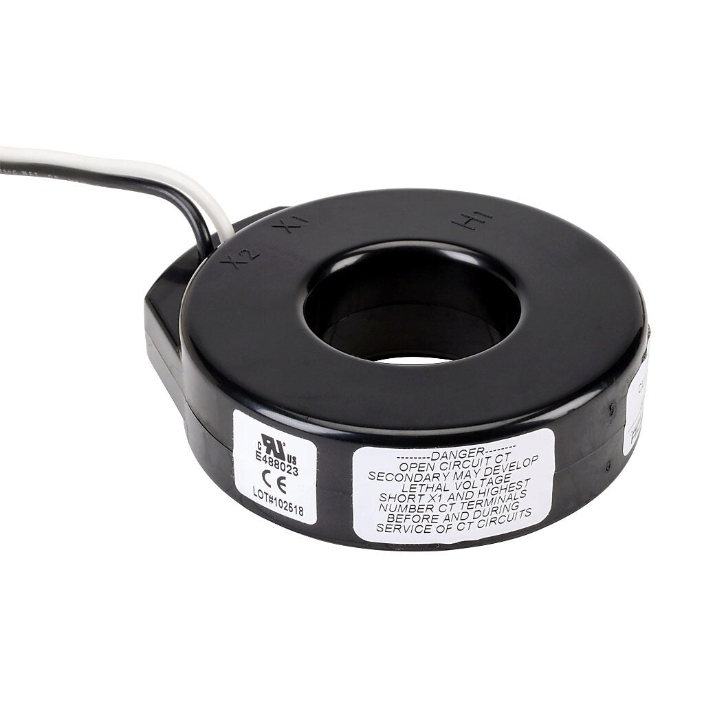 AcuAMP AC current transformer, solid core, 100A primary, 5A secondary, 1.56in diameter sensing window, 2% accuracy, (2) 24in 16AWG lead wires.-CTF-5RL-0100