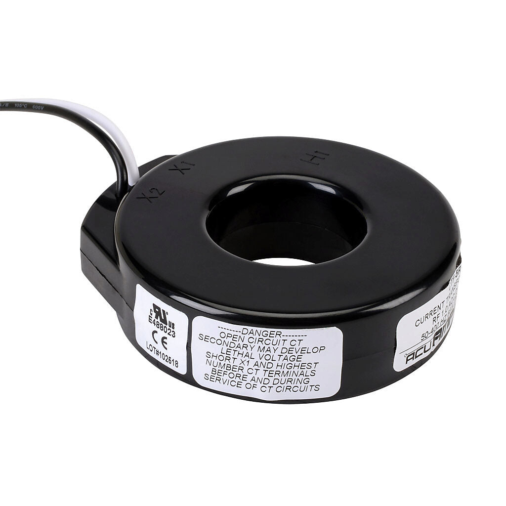 AcuAMP AC current transformer, solid core, 150A primary, 5A secondary, 1.56in diameter sensing window, 1% accuracy, (2) 24in 16AWG lead wires.-CTF-5RL-0150