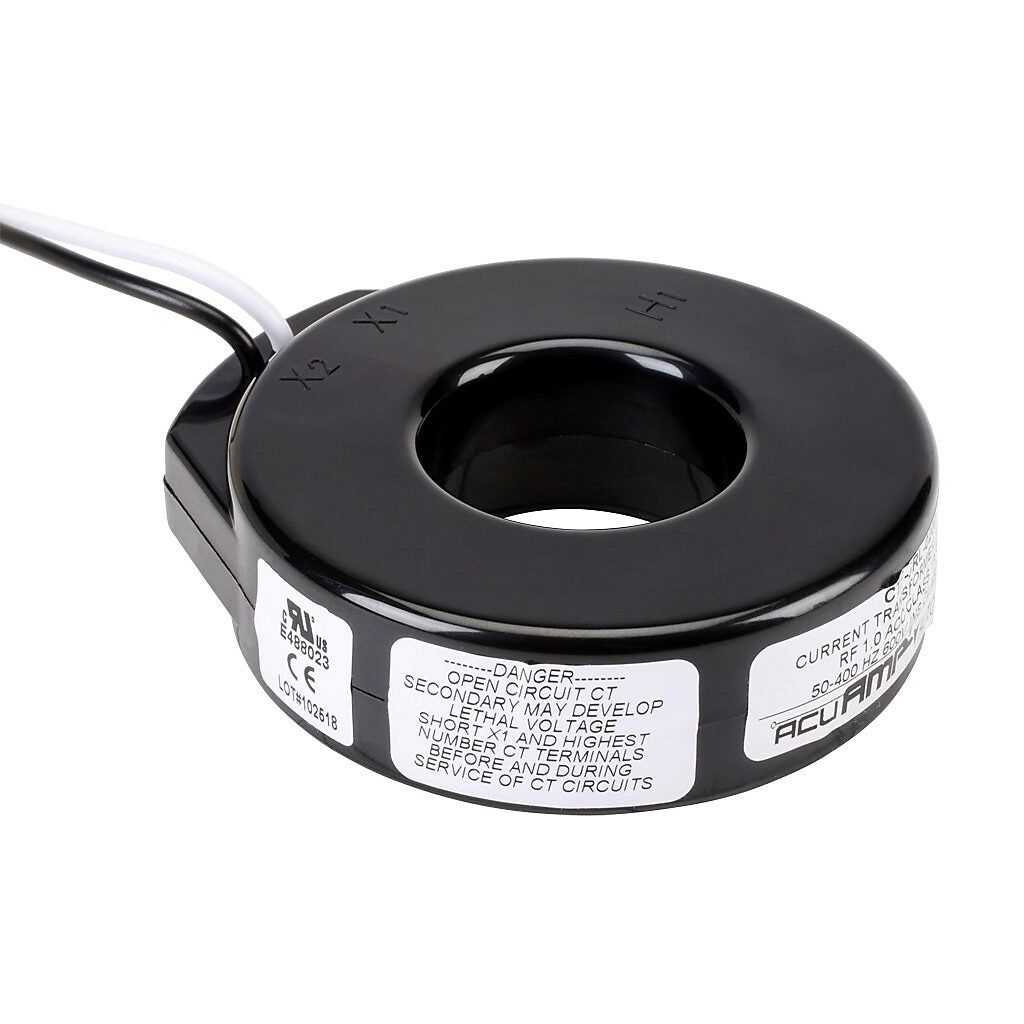 AcuAMP AC current transformer, solid core, 200A primary, 5A secondary, 1.56in diameter sensing window, 1% accuracy, (2) 24in 16AWG lead wires.-CTF-5RL-0200
