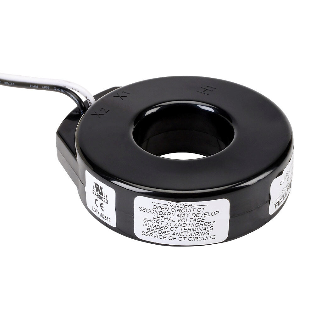 AcuAMP AC current transformer, solid core, 400A primary, 5A secondary, 1.56in diameter sensing window, 1% accuracy, (2) 24in 16AWG lead wires.-CTF-5RL-0400