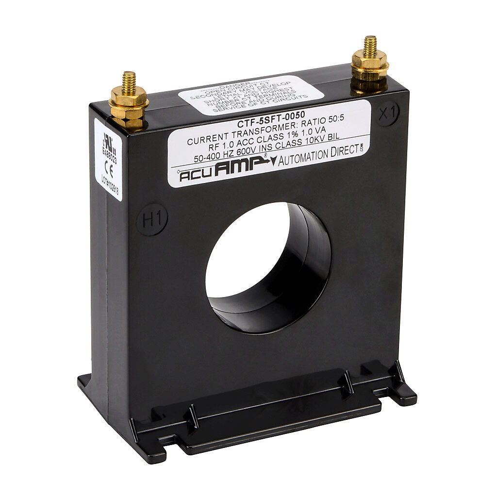 AcuAMP AC current transformer, solid core, 50A primary, 5A secondary, 1.56in diameter sensing window, 2% accuracy, M4 x 0.7 threaded terminal stud with nut.-CTF-5SFT-0050