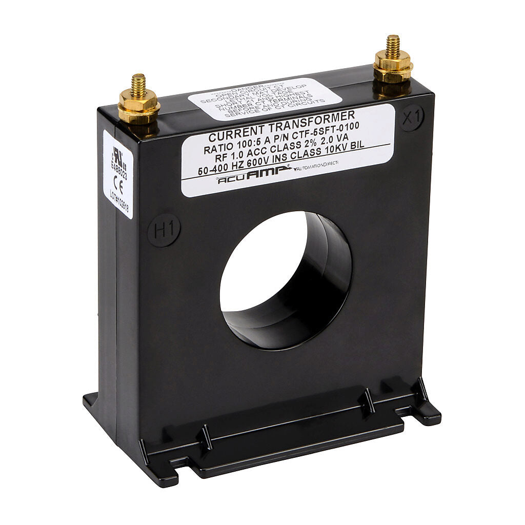 AcuAMP AC current transformer, solid core, 100A primary, 5A secondary, 1.56in diameter sensing window, 2% accuracy, M4 x 0.7 threaded terminal stud with nut.-CTF-5SFT-0100