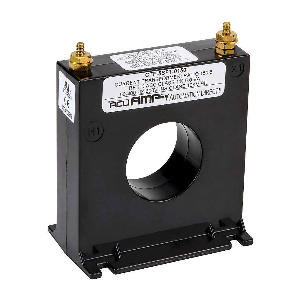 AcuAMP AC current transformer, solid core, 150A primary, 5A secondary, 1.56in diameter sensing window, 1% accuracy, M4 x 0.7 threaded terminal stud with nut.-CTF-5SFT-0150