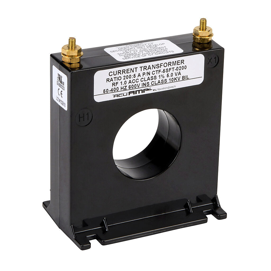 AcuAMP AC current transformer, solid core, 200A primary, 5A secondary, 1.56in diameter sensing window, 1% accuracy, M4 x 0.7 threaded terminal stud with nut.-CTF-5SFT-0200