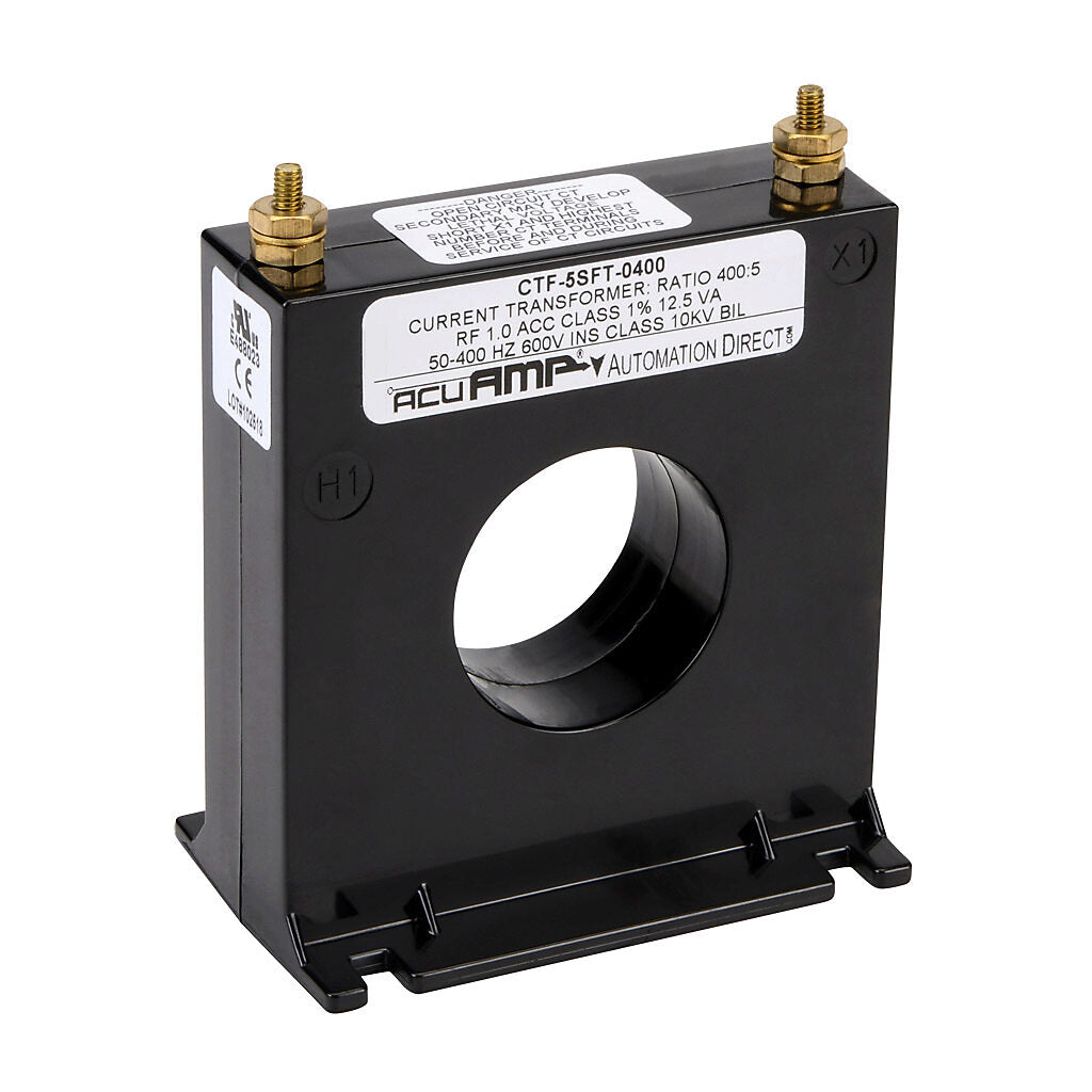 AcuAMP AC current transformer, solid core, 400A primary, 5A secondary, 1.56in diameter sensing window, 1% accuracy, M4 x 0.7 threaded terminal stud with nut.-CTF-5SFT-0400
