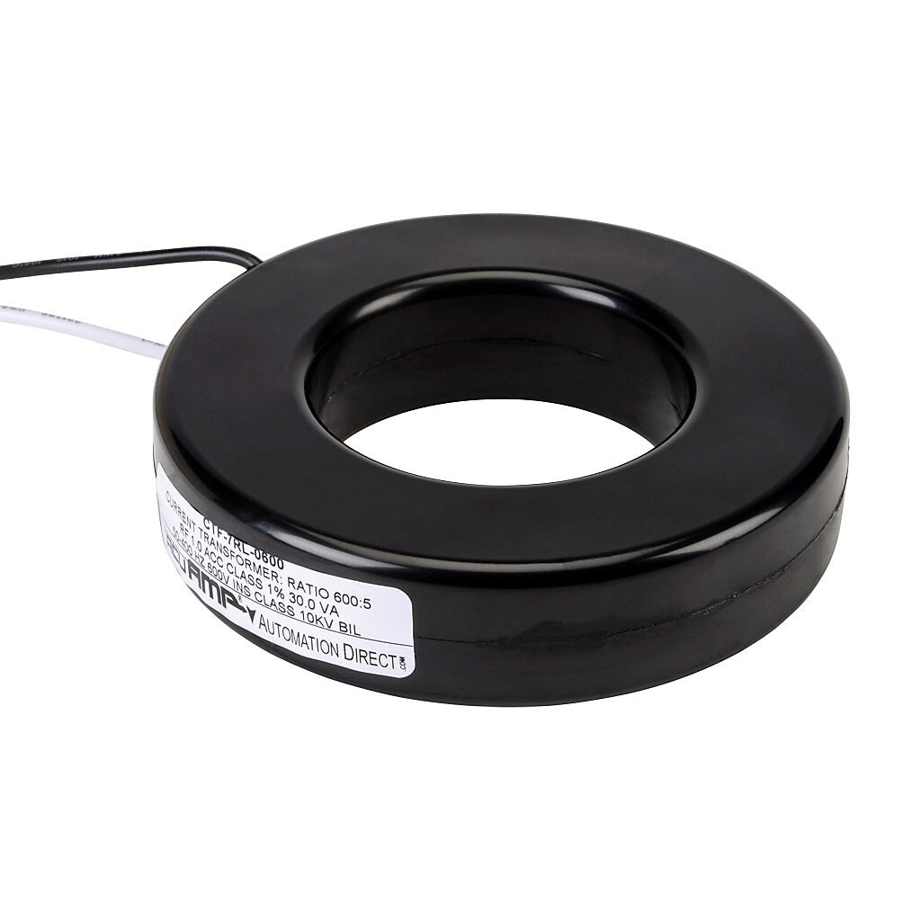 AcuAMP AC current transformer, solid core, 600A primary, 5A secondary, 2.5in diameter sensing window, 1% accuracy, (2) 24in 16AWG lead wires.-CTF-7RL-0600