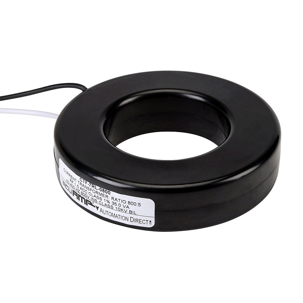 AcuAMP AC current transformer, solid core, 800A primary, 5A secondary, 2.5in diameter sensing window, 1% accuracy, (2) 24in 16AWG lead wires.-CTF-7RL-0800