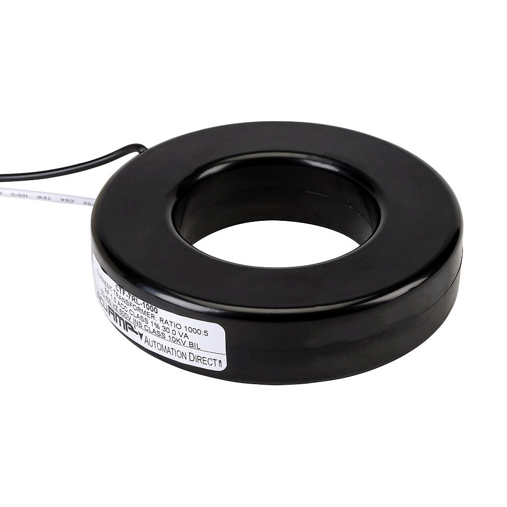 AcuAMP AC current transformer, solid core, 1000A primary, 5A secondary, 2.5in diameter sensing window, 1% accuracy, (2) 24in 16AWG lead wires.-CTF-7RL-1000