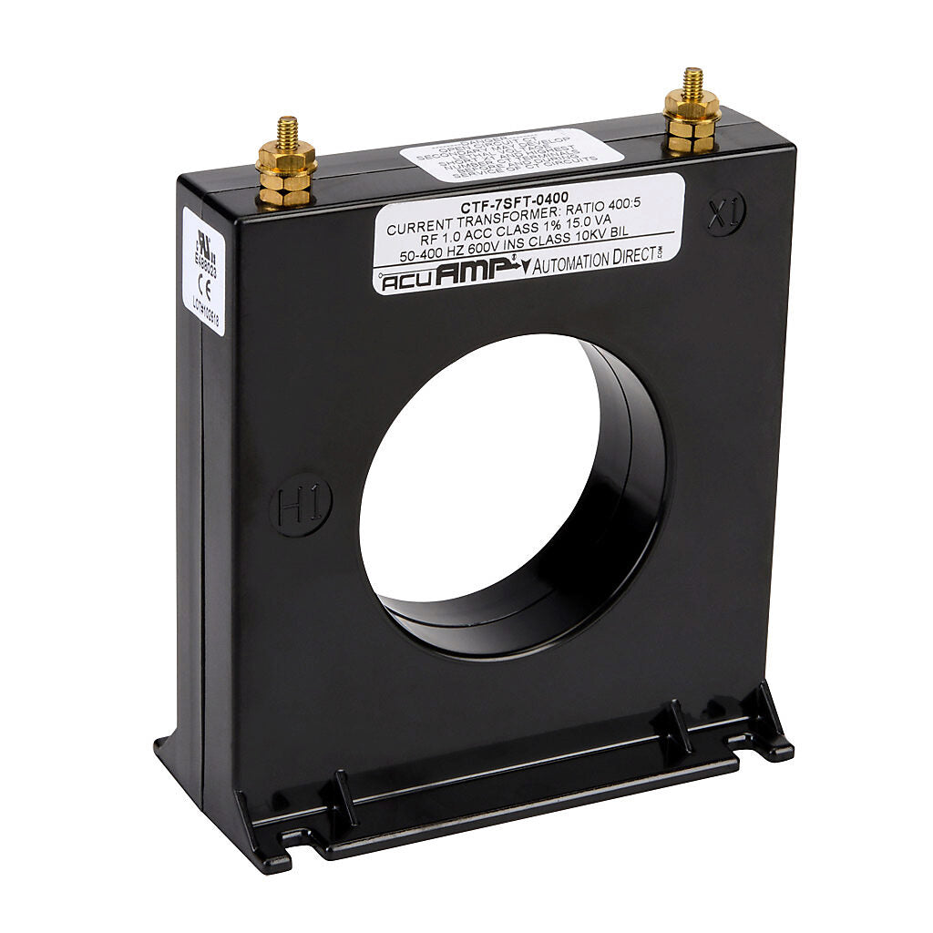 AcuAMP AC current transformer, solid core, 400A primary, 5A secondary, 2.5in diameter sensing window, 1% accuracy, M4 x 0.7 threaded terminal stud with nut.-CTF-7SFT-0400