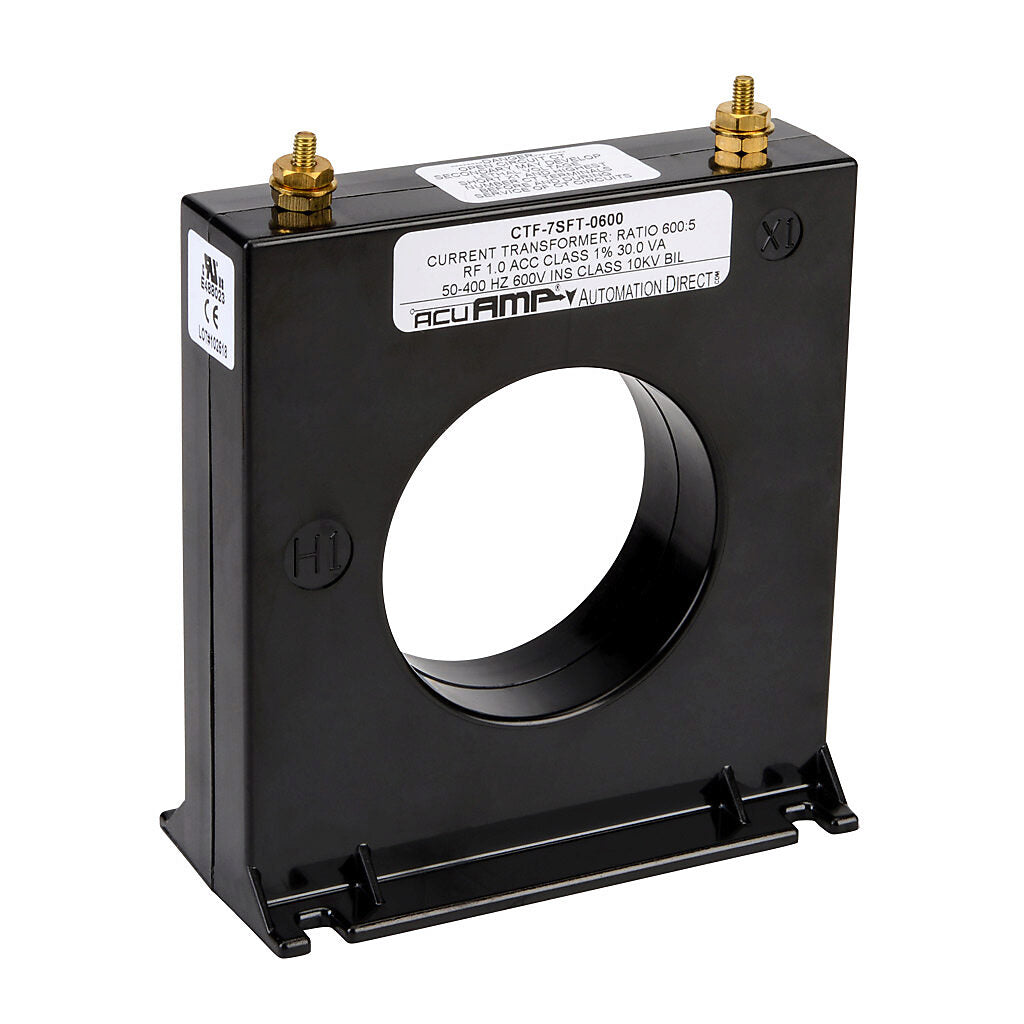 AcuAMP AC current transformer, solid core, 600A primary, 5A secondary, 2.5in diameter sensing window, 1% accuracy, M4 x 0.7 threaded terminal stud with nut.-CTF-7SFT-0600