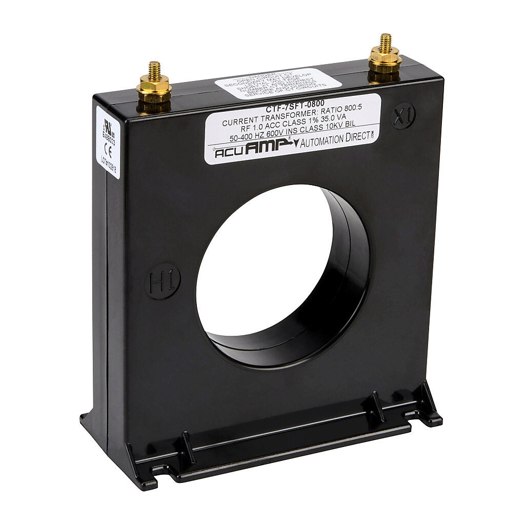 AcuAMP AC current transformer, solid core, 800A primary, 5A secondary, 2.5in diameter sensing window, 1% accuracy, M4 x 0.7 threaded terminal stud with nut.-CTF-7SFT-0800