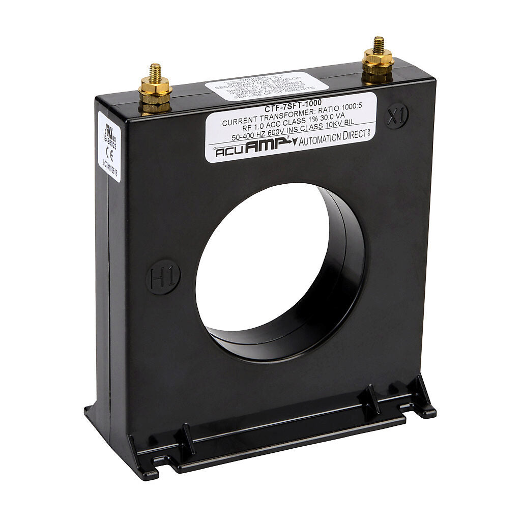 AcuAMP AC current transformer, solid core, 1000A primary, 5A secondary, 2.5in diameter sensing window, 1% accuracy, M4 x 0.7 threaded terminal stud with nut.-CTF-7SFT-1000