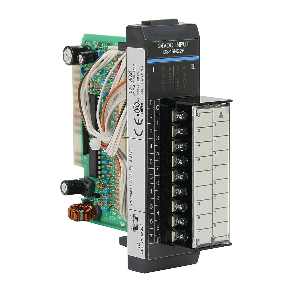 16-point 24VDC fast response (0.8 ms) current sourcing input module, 2 commons (internally connected), removable terminal.-D3-16ND2F