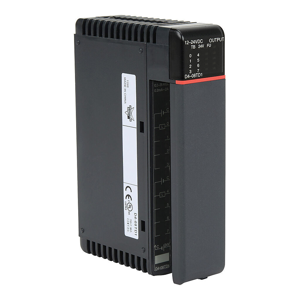 8-point 12-24 VDC current sinking output module, 2 commons (internally connected), 2A/point, 5A/common, removable terminal.-D4-08TD1