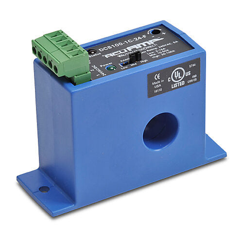 AcuAMP DC current switch, fixed core, 5-15, 10-50, or 20-100A selectable sensing range, 5-100A adjustable trip point, 11-turn potentiometer, relay, SPDT output, 5A @ 240 VAC or 3A @ 30 VDC output rating.-DCS100-1C-24-F
