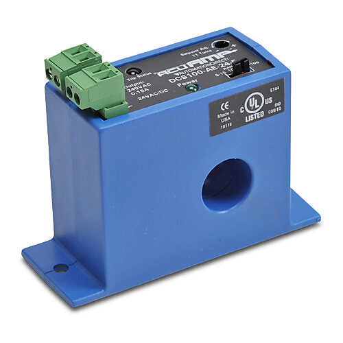 AcuAMP DC current switch, fixed core, 5-15, 10-50, or 20-100A selectable sensing range, 5-100A adjustable trip point, 11-turn potentiometer, solid state switch, N.O. output, 0.15A @ 240 VAC/VDC output rating.-DCS100-AE-24-F