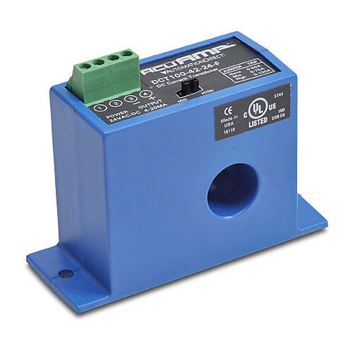AcuAMP DC current transducer, fixed core, 0-50, 0-75, or 0-100A selectable sensing range, 4-20 mA output.-DCT100-42-24-F