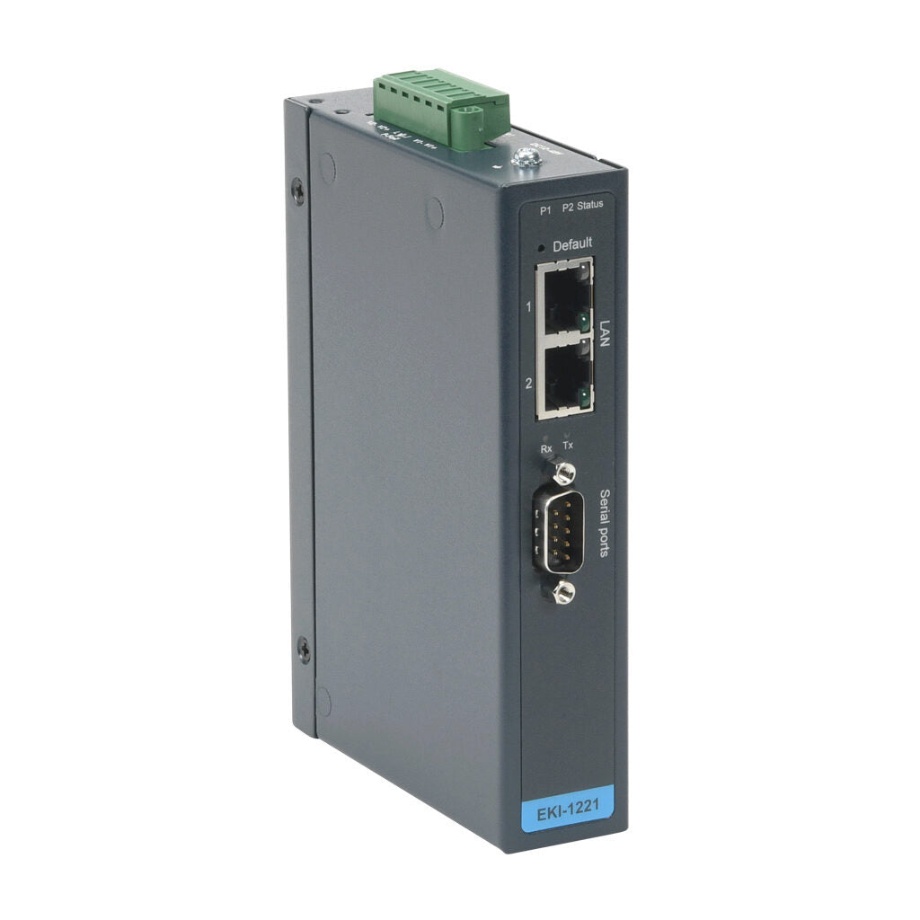 Advantech Modbus gateway, serial Master/Slave and Ethernet Client/Server, (2) Ethernet 10/100Base-T (RJ45) and (1) RS-232/422/485 (9-pin D-sub male) port(s), (64) simultaneous Ethernet connections, (32) serial device(s), 12-48 VDC required.-EKI-1221-CE