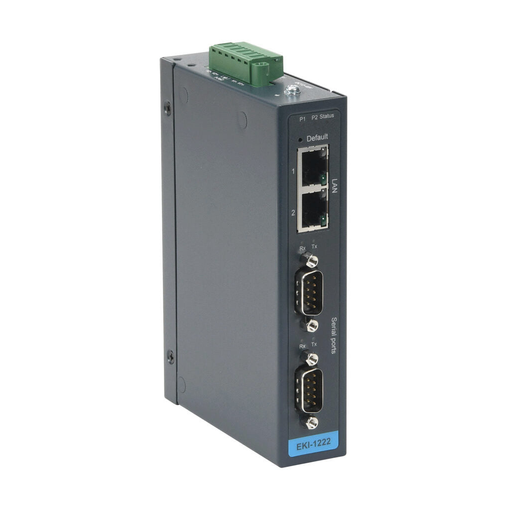 Advantech Modbus gateway, serial Master/Slave and Ethernet Client/Server, (2) Ethernet 10/100Base-T (RJ45) and (2) RS-232/422/485 (9-pin D-sub male) port(s), (64) simultaneous Ethernet connections, (64) serial device(s), 12-48 VDC required.-EKI-1222-CE