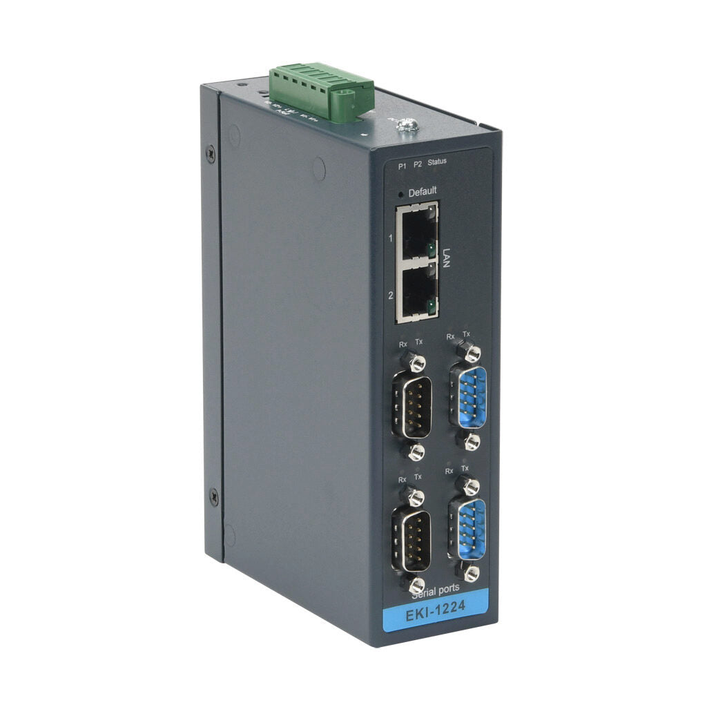 Advantech Modbus gateway, serial Master/Slave and Ethernet Client/Server, (2) Ethernet 10/100Base-T (RJ45) and (4) RS-232/422/485 (9-pin D-sub male) port(s), (64) simultaneous Ethernet connections, (128) serial device(s), 12-48 VDC required.-EKI-1224-CE