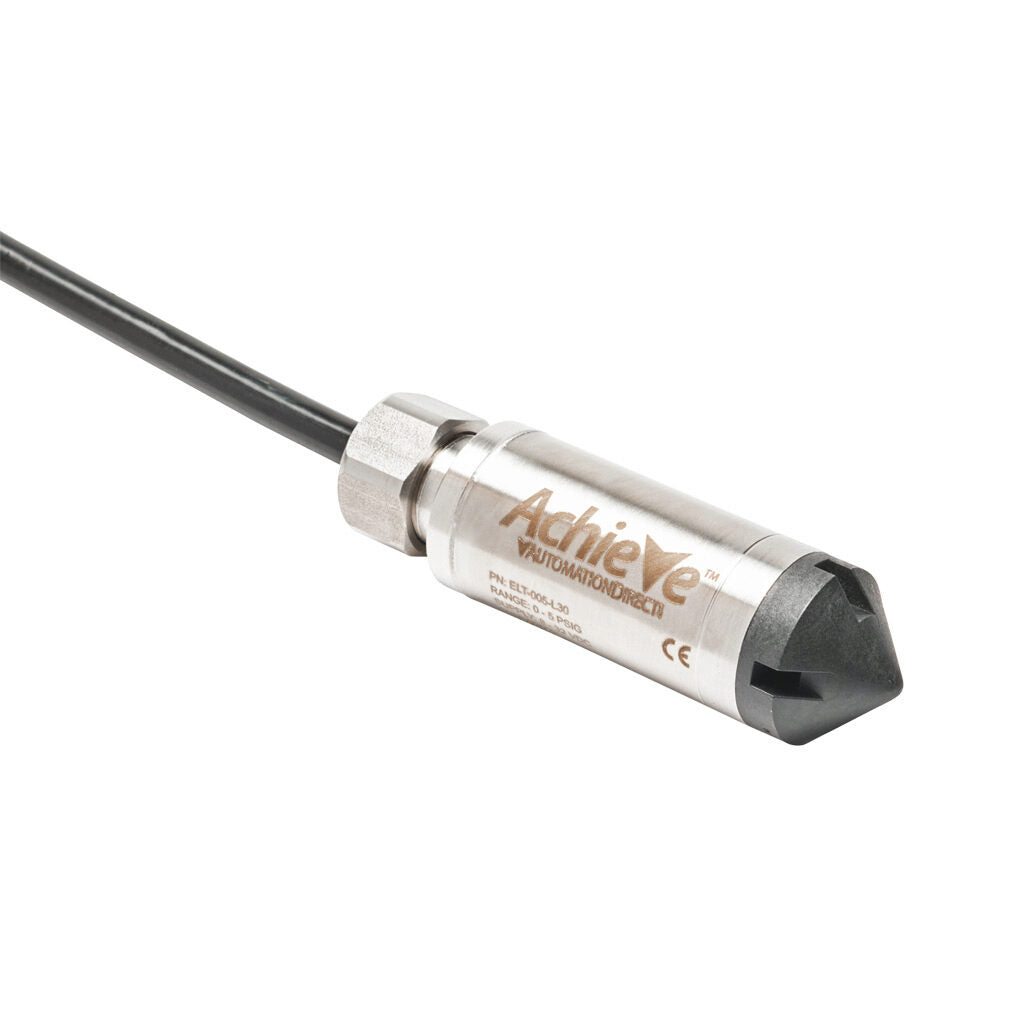 AchieVe hydrostatic submersible level transmitter, 0 to 5 psig (11.5ft of water column) sensing range, Output: 1-channel, output current signal range(s) of 4-20 mA, 0.825in diameter housing, shielded and vented 30ft cable.-ELT-005-L30
