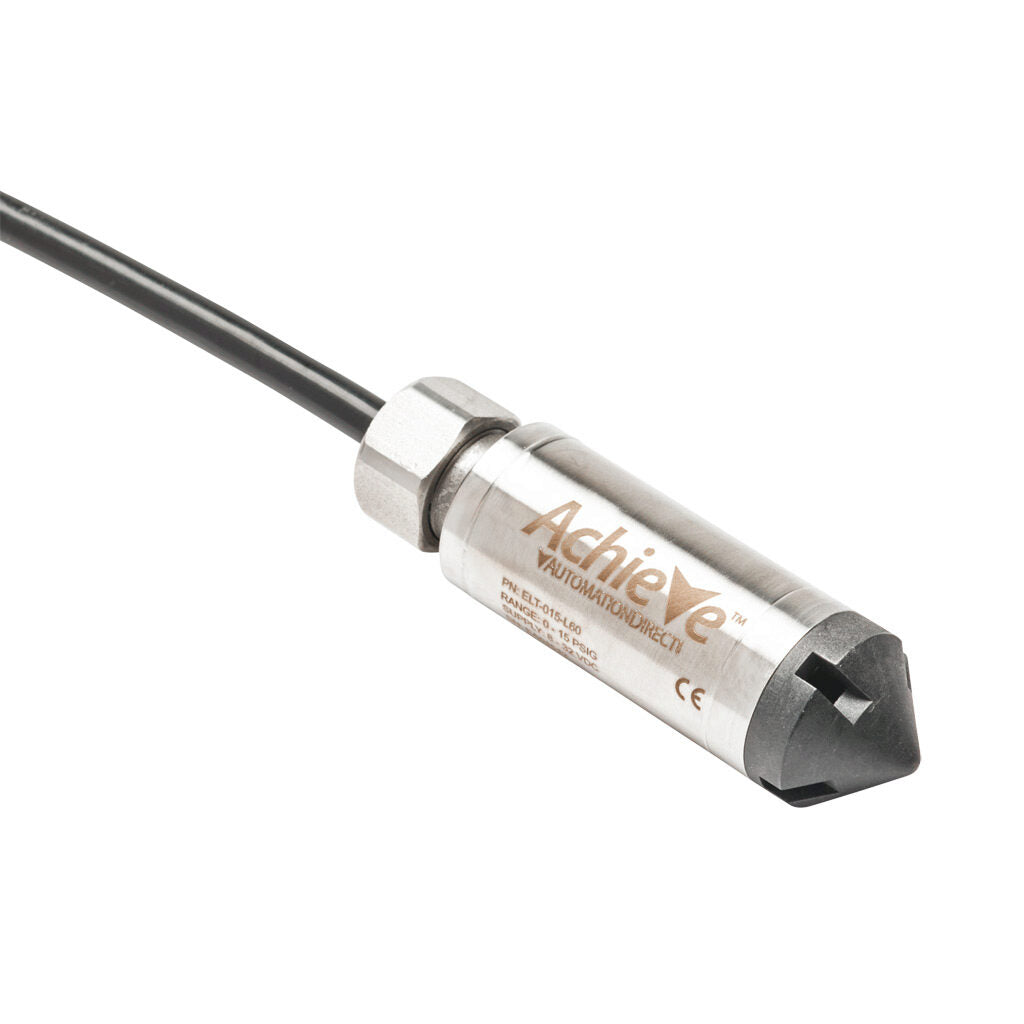 AchieVe hydrostatic submersible level transmitter, 0 to 15 psig (34.6ft of water column) sensing range, Output: 1-channel, output current signal range(s) of 4-20 mA, 0.825in diameter housing, shielded and vented 60ft cable.-ELT-015-L60