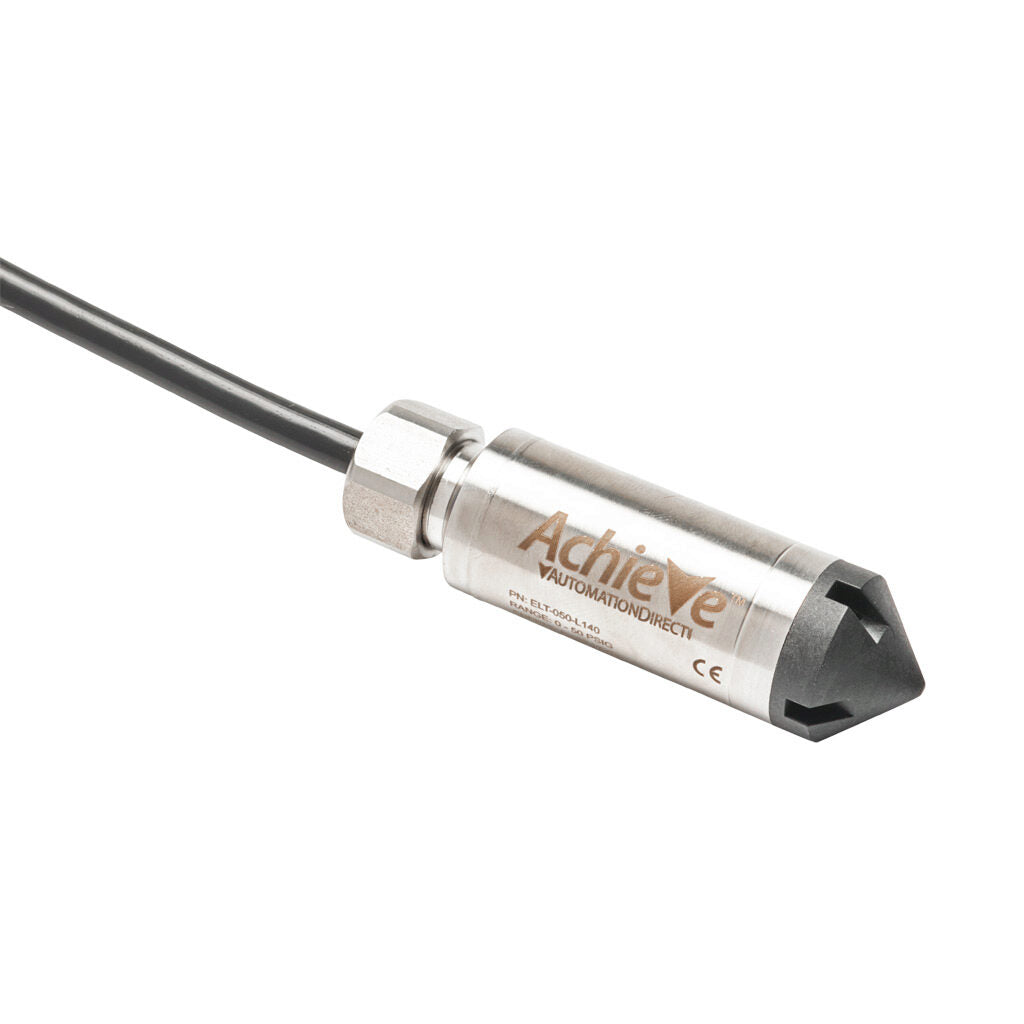 AchieVe hydrostatic submersible level transmitter, 0 to 50 psig (115.5ft of water column) sensing range, Output: 1-channel, output current signal range(s) of 4-20 mA, 0.825in diameter housing, shielded and vented 140ft cable.-ELT-050-L140