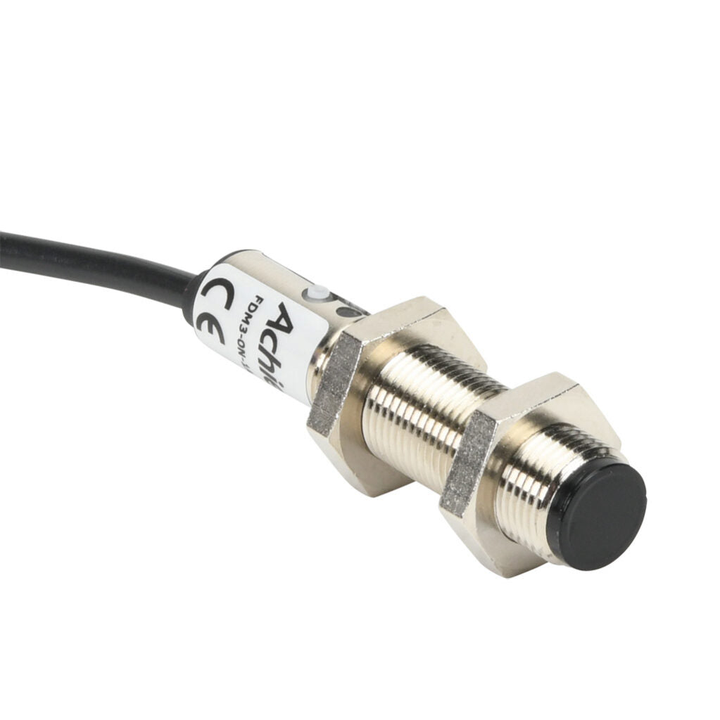 AchieVe photoelectric sensor, tubular, threaded, diffuse, infrared, 100mm sensing distance, selectable light-on/dark-on, NPN, 1 kHz switching frequency, teach-in button, metal housing, pigtail.-FDM3-0N-1A