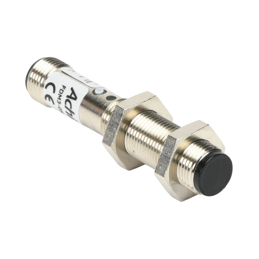 AchieVe photoelectric sensor, tubular, threaded, diffuse, infrared, 100mm sensing distance, selectable light-on/dark-on, NPN, 1 kHz switching frequency, teach-in button, metal housing, 4-pin M12 quick-disconnect.-FDM3-0N-1H