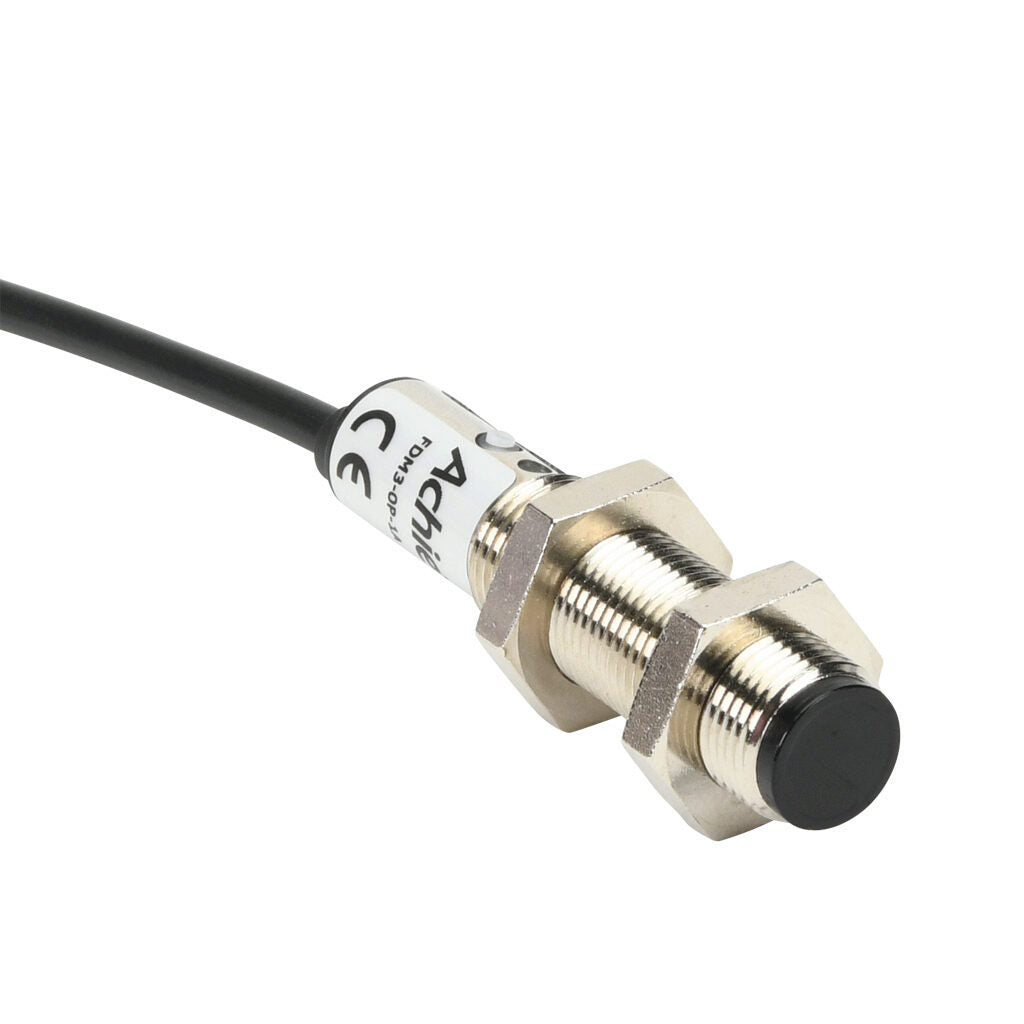 AchieVe photoelectric sensor, tubular, threaded, diffuse, infrared, 100mm sensing distance, selectable light-on/dark-on, PNP, 1 kHz switching frequency, teach-in button, metal housing, pigtail.-FDM3-0P-1A