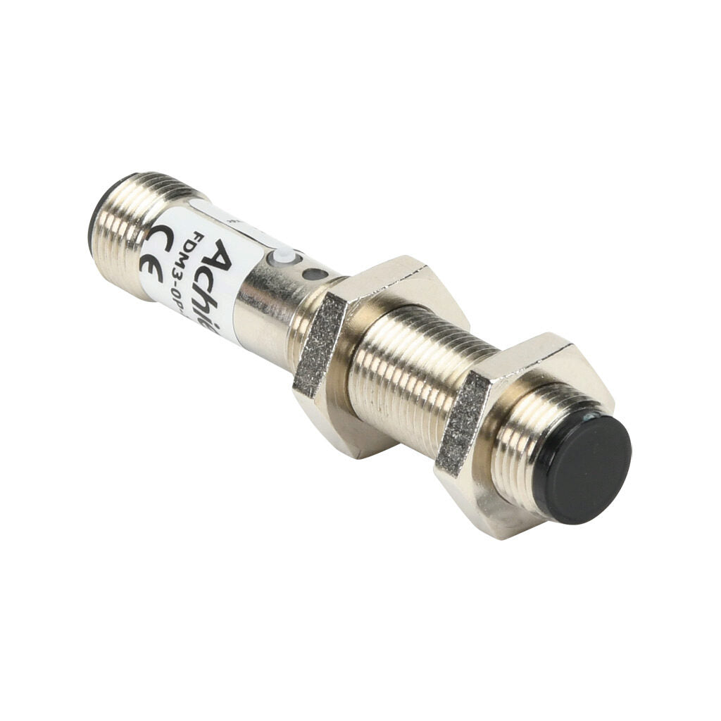 AchieVe photoelectric sensor, tubular, threaded, diffuse, infrared, 100mm sensing distance, selectable light-on/dark-on, PNP, 1 kHz switching frequency, teach-in button, metal housing, 4-pin M12 quick-disconnect.-FDM3-0P-1H