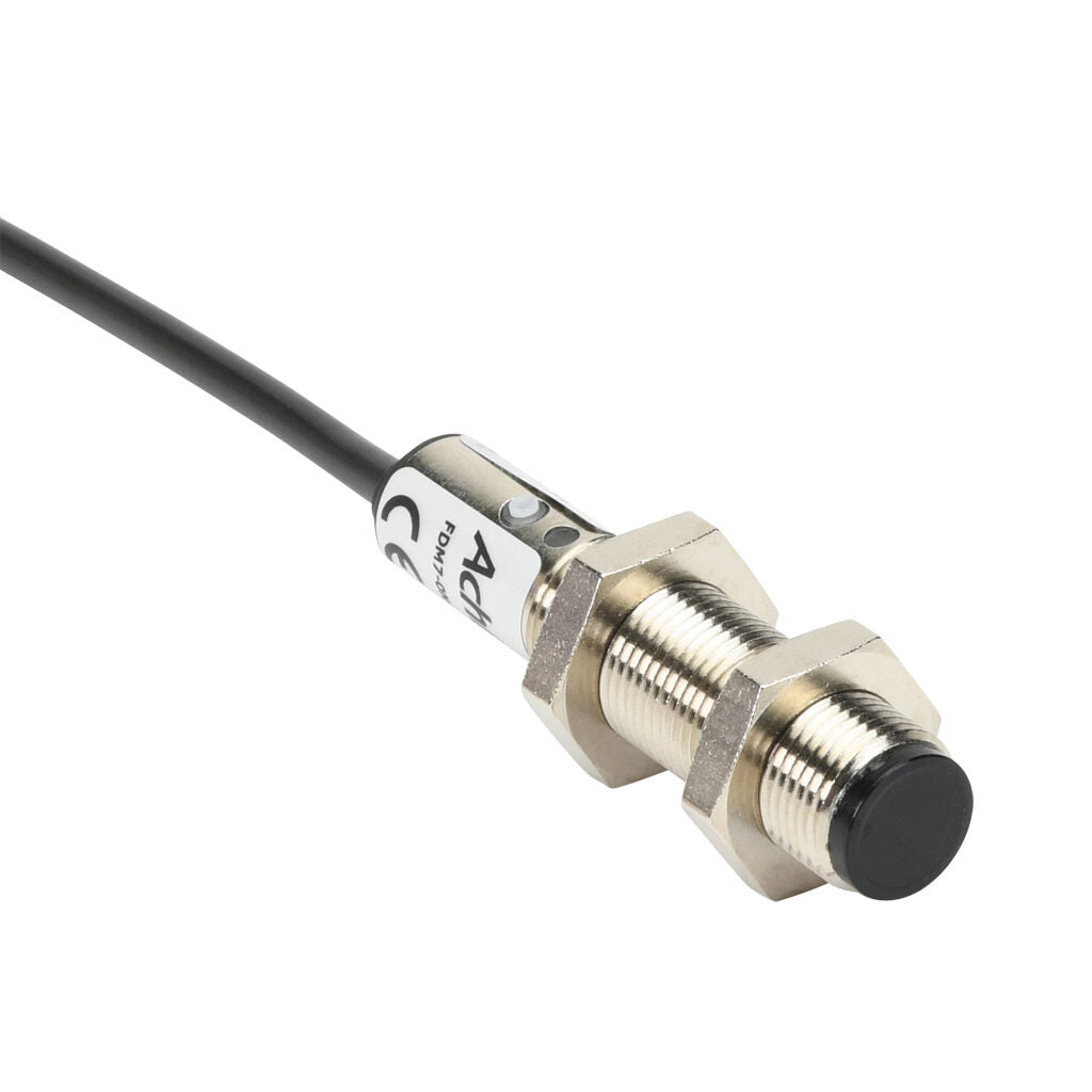 AchieVe photoelectric sensor, tubular, threaded, diffuse, infrared, 300mm sensing distance, selectable light-on/dark-on, NPN, 1 kHz switching frequency, teach-in button, metal housing, pigtail.-FDM7-0N-1A