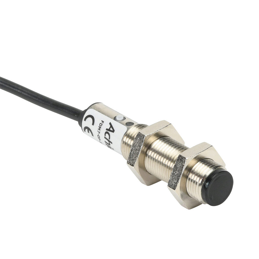 AchieVe photoelectric sensor, tubular, threaded, diffuse, infrared, 300mm sensing distance, selectable light-on/dark-on, PNP, 1 kHz switching frequency, teach-in button, metal housing, pigtail.-FDM7-0P-1A