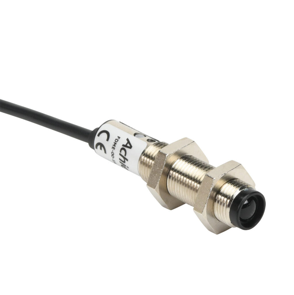 AchieVe photoelectric sensor, tubular, threaded, metal housing, through-beam emitter, infrared, 4m sensing distance, 10-30 VDC operating voltage, 3-wire, pigtail.-FDME-00-1A