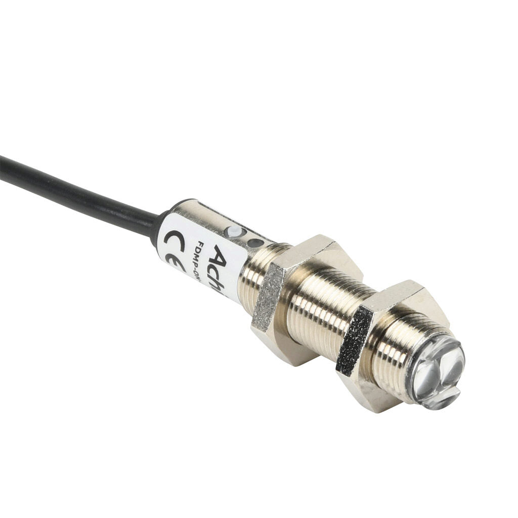 AchieVe photoelectric sensor, tubular, threaded, polarized retroreflective, visible red, 2m sensing distance, selectable light-on/dark-on, NPN, teach-in button, 4-wire, pigtail.-FDMP-0N-1A