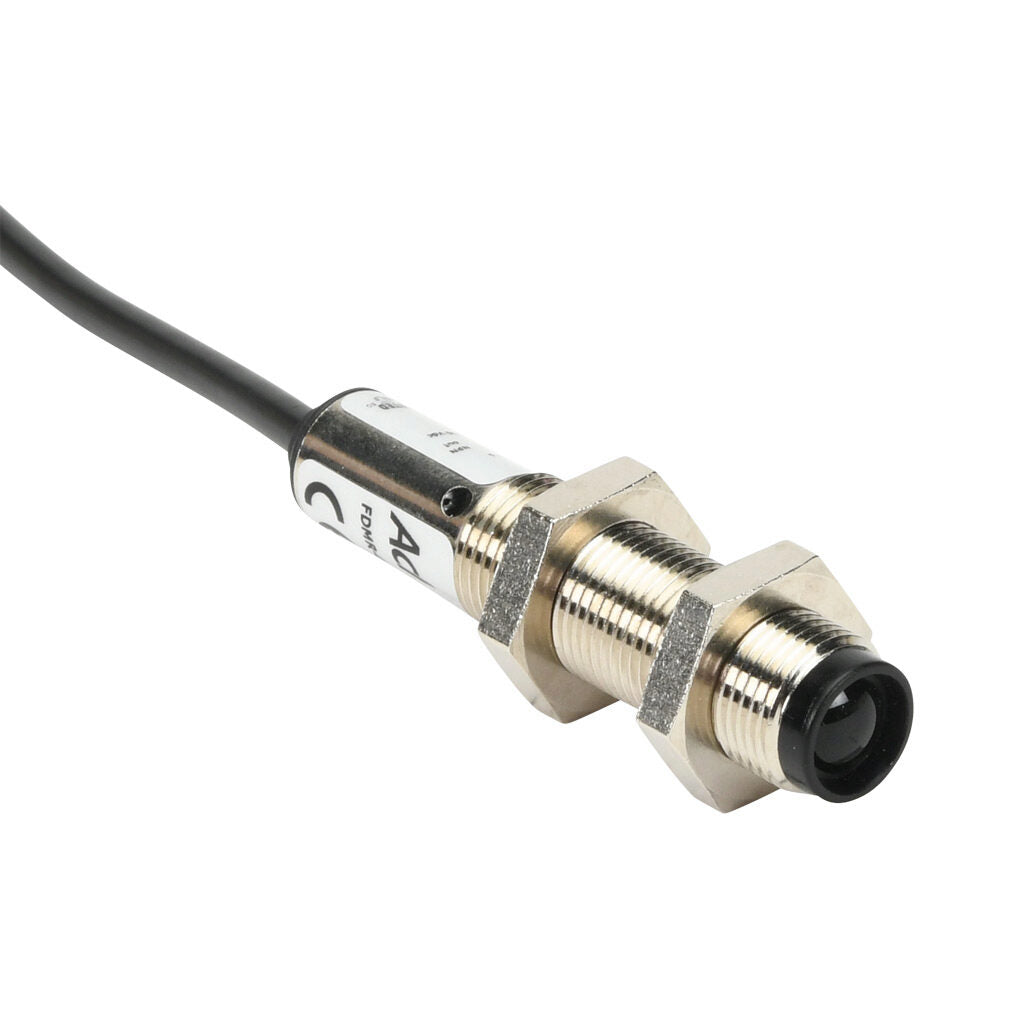AchieVe photoelectric sensor, tubular, threaded, metal housing, through-beam receiver, 4m sensing distance, 10-30 VDC operating voltage, selectable light-on/dark-on, NPN, 4-wire, pigtail.-FDMR-0N-1A
