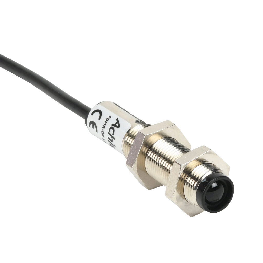 AchieVe photoelectric sensor, tubular, threaded, metal housing, through-beam receiver, 4m sensing distance, 10-30 VDC operating voltage, selectable light-on/dark-on, PNP, 4-wire, pigtail.-FDMR-0P-1A