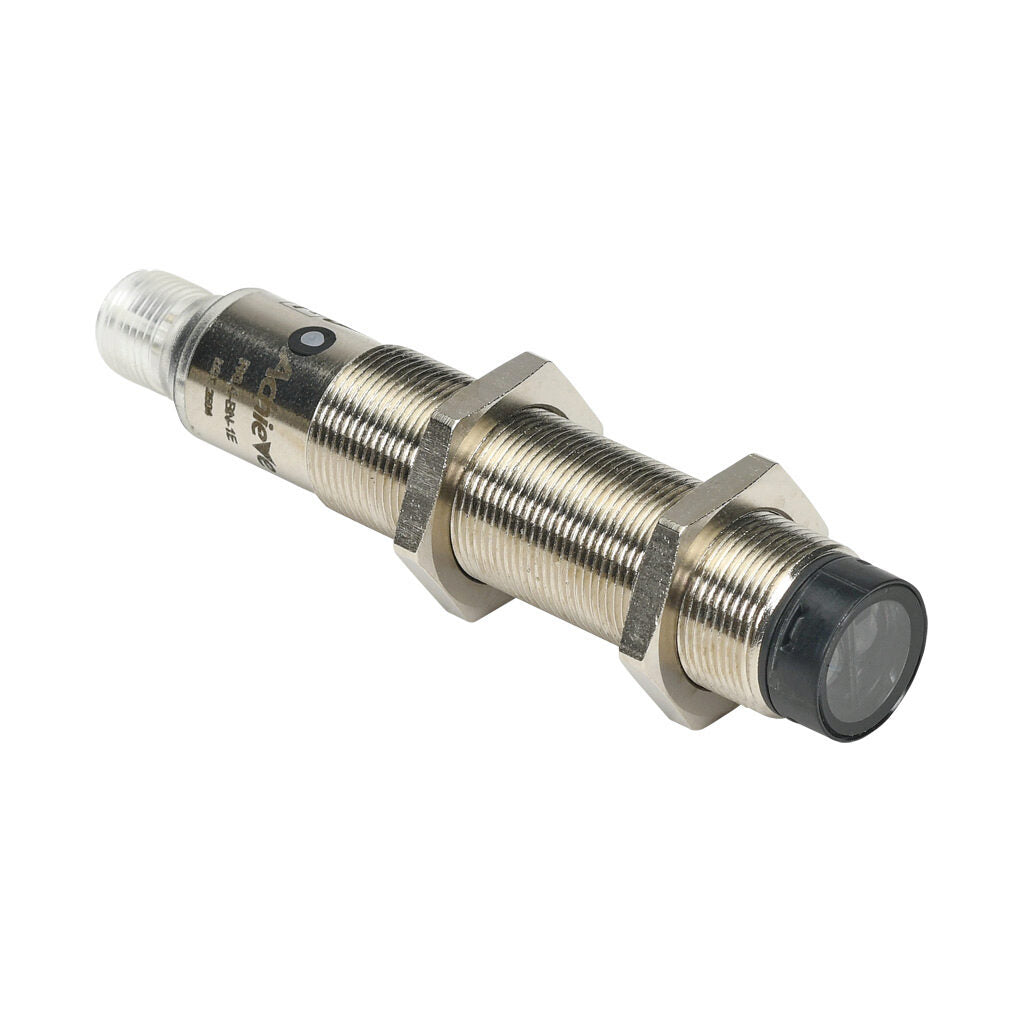 AchieVe photoelectric sensor, tubular, threaded, diffuse, Class 1 red laser, 0-300mm sensing distance, complementary light-on/dark-on, NPN, teach-in button, 1 kHz switching frequency, nickel-plated brass housing, 4-pin M12 quick-disconnect.-FKL4-BN-1E