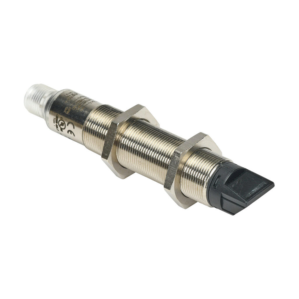 AchieVe photoelectric sensor, tubular, threaded, diffuse, 90-degree, Class 1 red laser, 0-200mm sensing distance, complementary light-on/dark-on, NPN, 1 kHz switching frequency, teach-in button, nickel-plated brass housing, 4-pin M12 quick-disconnect.-FKL4-BN-3E