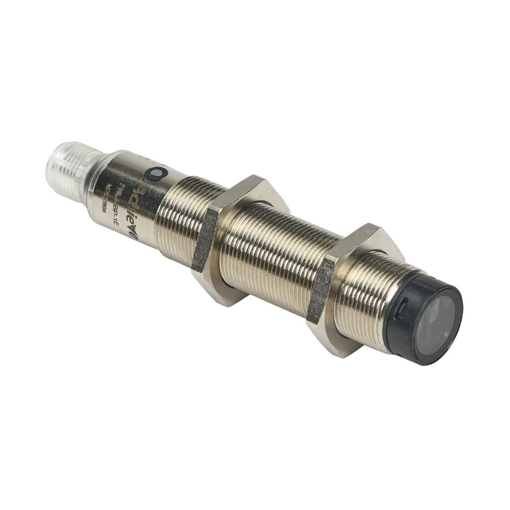 AchieVe photoelectric sensor, tubular, threaded, diffuse, Class 1 red laser, 0-300mm sensing distance, complementary light-on/dark-on, PNP, teach-in button, 1 kHz switching frequency, nickel-plated brass housing, 4-pin M12 quick-disconnect.-FKL4-BP-1E