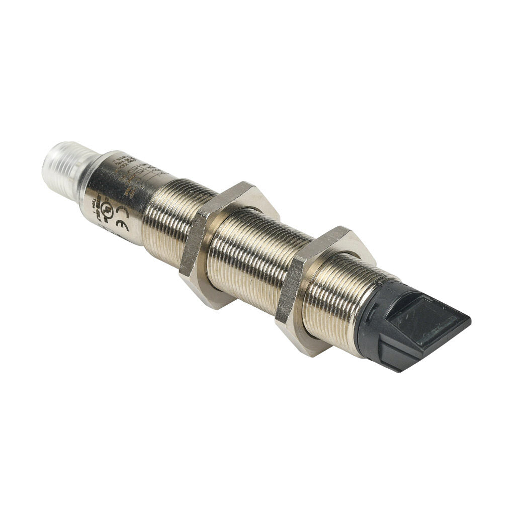 AchieVe photoelectric sensor, tubular, threaded, diffuse, 90-degree, Class 1 red laser, 0-200mm sensing distance, complementary light-on/dark-on, PNP, 1 kHz switching frequency, teach-in button, nickel-plated brass housing, 4-pin M12 quick-disconnect.-FKL4-BP-3E
