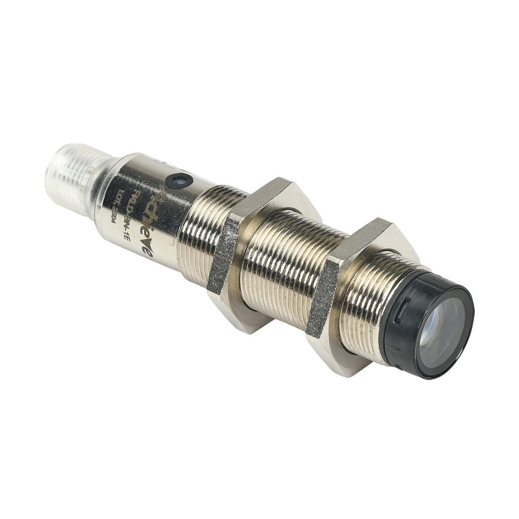 AchieVe photoelectric sensor, tubular, threaded, nickel-plated brass housing, through-beam receiver, 0.05-50m sensing distance, 10-30 VDC operating voltage, complementary light-on/dark-on, NPN, 4-wire, 4-pin M12 quick-disconnect.-FKLD-BN-1E