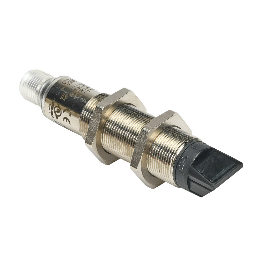 AchieVe photoelectric sensor, tubular, threaded, nickel-plated brass housing, through-beam receiver, 90-degree, 0.05-50m sensing distance, 10-30 VDC operating voltage, complementary light-on/dark-on, NPN, 4-wire, 4-pin M12 quick-disconnect.-FKLD-BN-3E