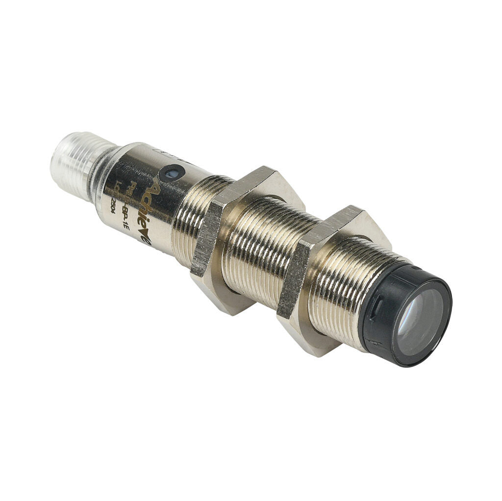 AchieVe photoelectric sensor, tubular, threaded, nickel-plated brass housing, through-beam receiver, 0.05-50m sensing distance, 10-30 VDC operating voltage, complementary light-on/dark-on, PNP, 4-wire, 4-pin M12 quick-disconnect.-FKLD-BP-1E
