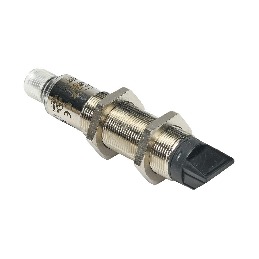 AchieVe photoelectric sensor, tubular, threaded, nickel-plated brass housing, through-beam receiver, 90-degree, 0.05-50m sensing distance, 10-30 VDC operating voltage, complementary light-on/dark-on, PNP, 4-wire, 4-pin M12 quick-disconnect.-FKLD-BP-3E